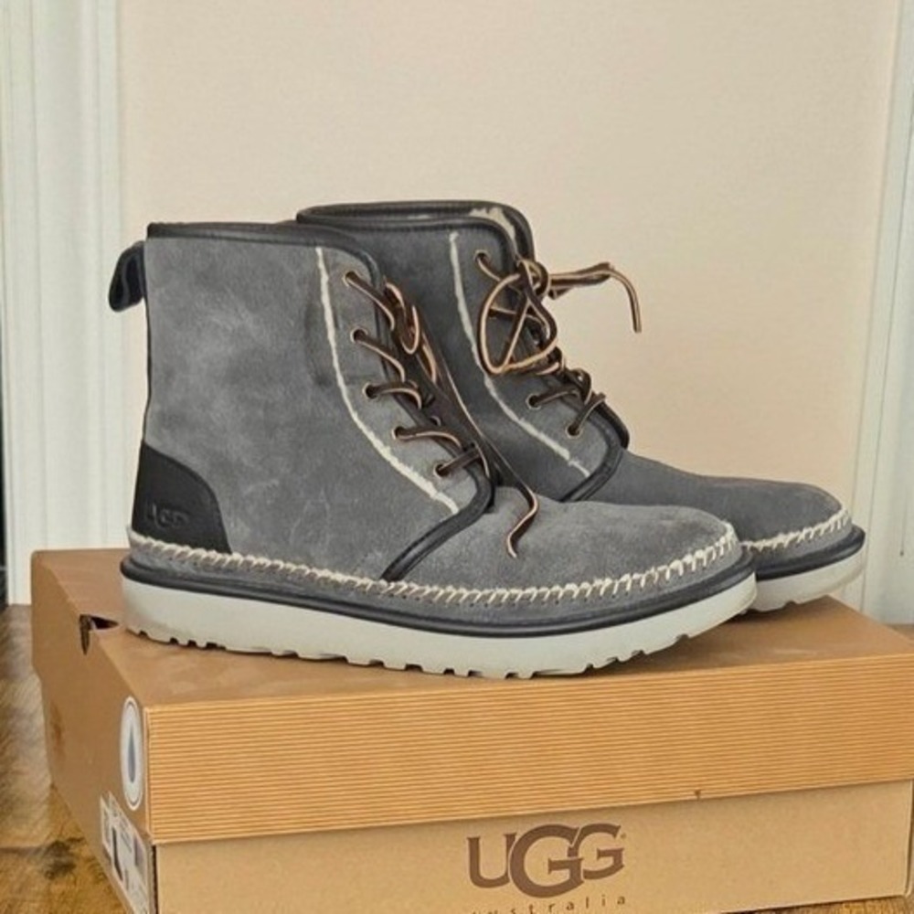 UGG Australia Mens Harkley Stitch Lace Suede Boots Charcoal Grey 1008558 Size 10